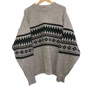 London Fog Vintage Fair Isle Knit Sweater Grey Green Crewneck Size L